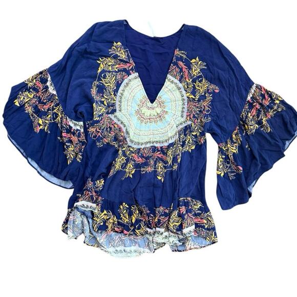 Free People Printed Tunic V-Neck High Low Mandala Shirt Top Size M - Picture 2 of 6